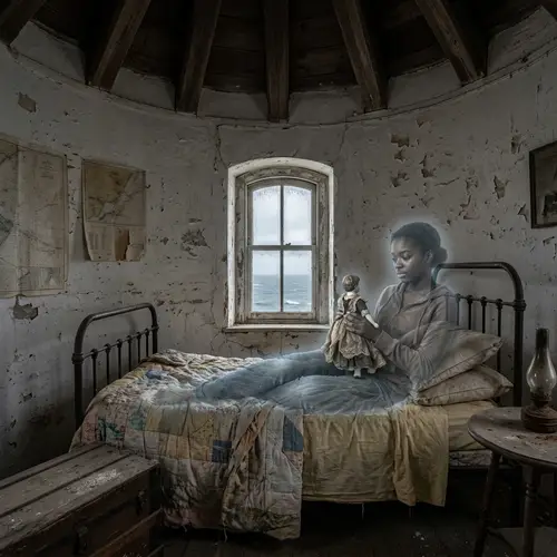 Ebony-Hued Spectral Entity in Haunted Lighthouse Chamber