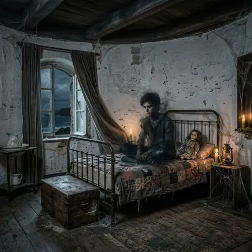 Haunting Scene: Black Phantom in Lighthouse Bedroom with Antique Doll