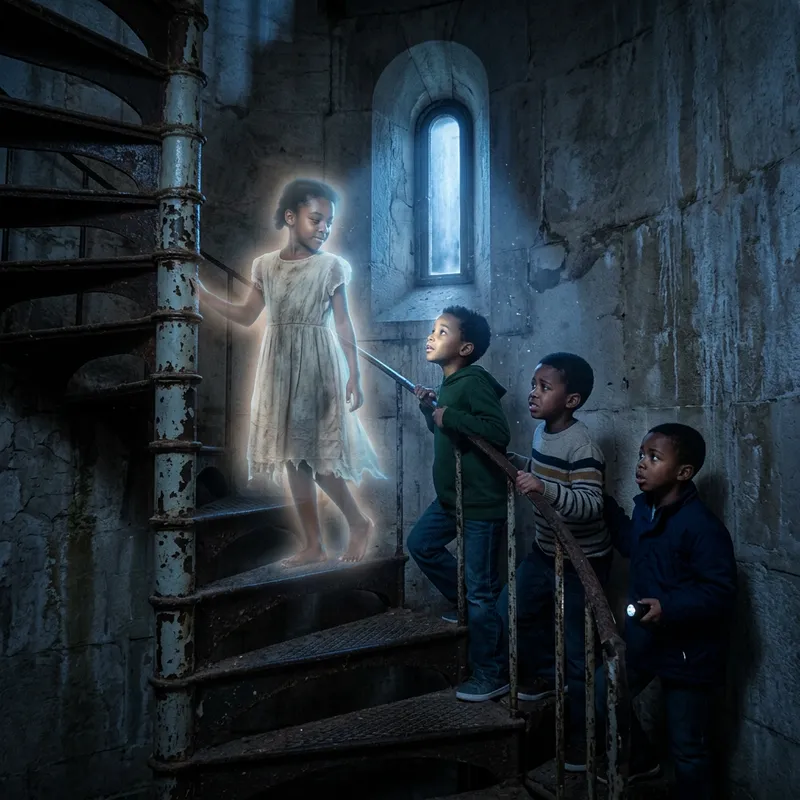 Black Ghost Girl Guides Boys Up Lighthouse Staircase