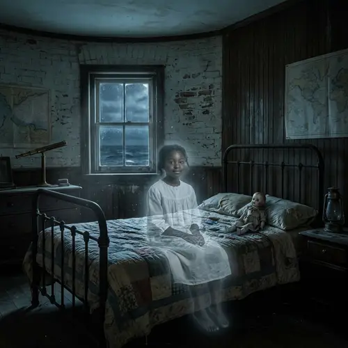 Ethereal Black Ghost on Antique Bed in Haunted Lighthouse Bedroom