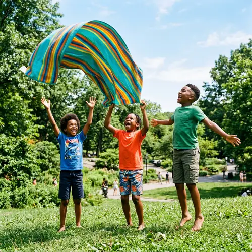 Joyful Boys Tossing Blanket in Sunny Park | Diversity & Fun