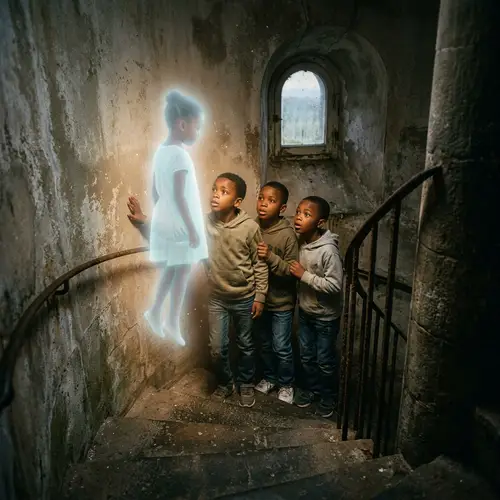 Ethereal Guide Leads Young Boys Up Ancient Lighthouse Staircase