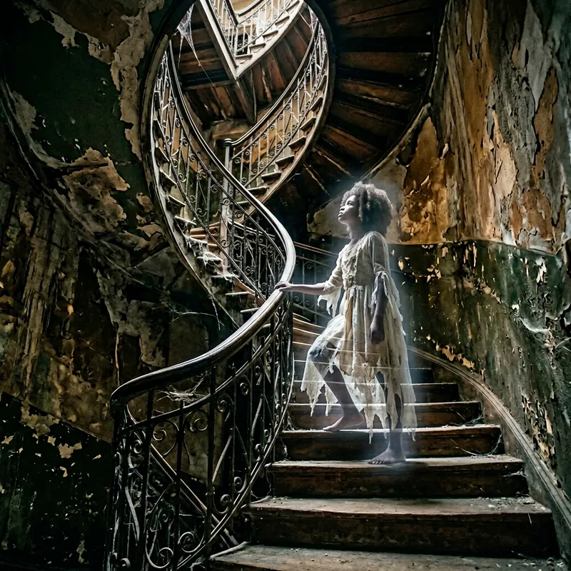 African American Ghost Girl Climbing Spiral Staircase
