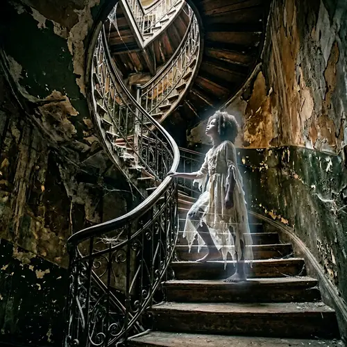 Eerie Ghost Girl Ascending Spiraling Stairwell