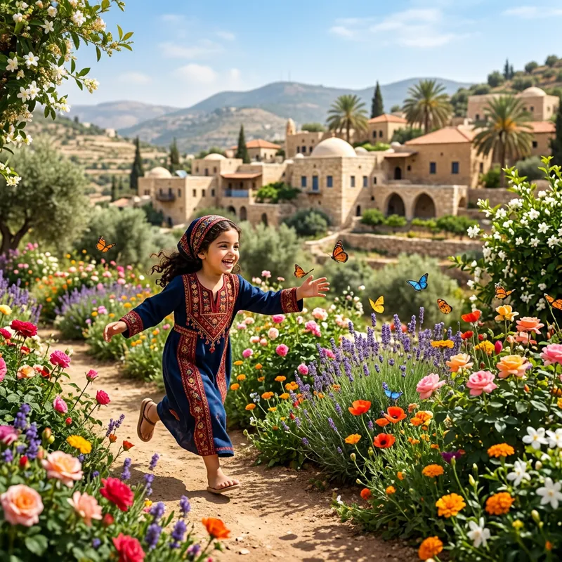 Charming Arab Girl in Vibrant Garden Scene Charming Arab Girl in Vibrant Garden Scene