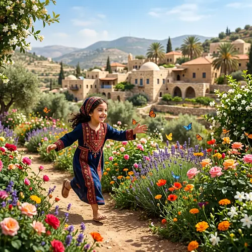 Young Arab Girl Playing in Colorful Garden | Middle-Eastern Village Scene