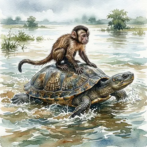 Monkey on Turtle: A Scenic Watercolor Adventure