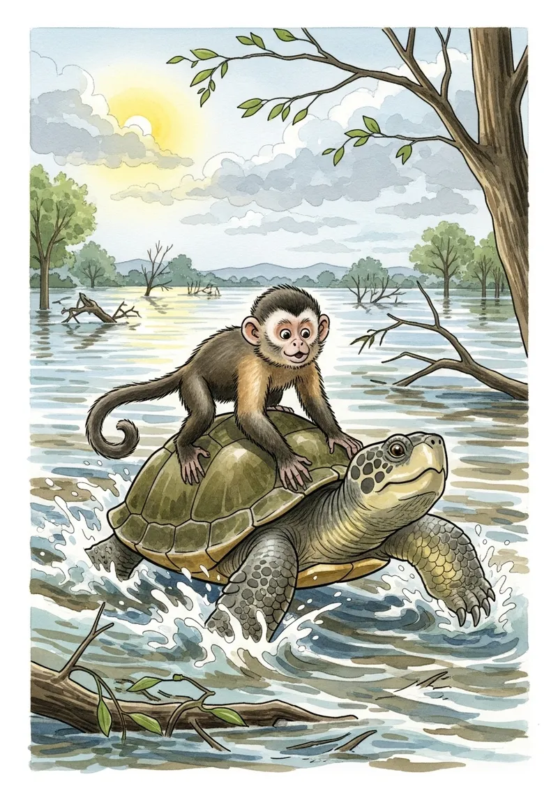 Monkey on Turtle: A Scenic Watercolor Adventure