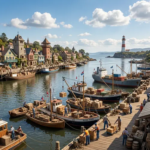 Tranquil River Port with Cargo Boats and Lighthouse
