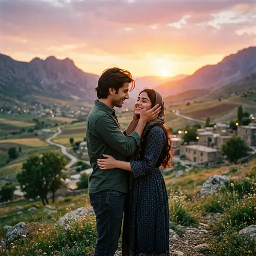 Young Kurdish Man Showing Affection to Wife at Sunset