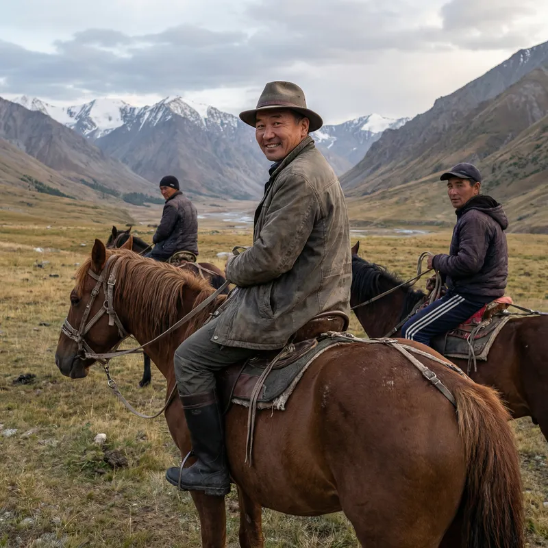 Asian Husband on Horse in Kazakh Mountains