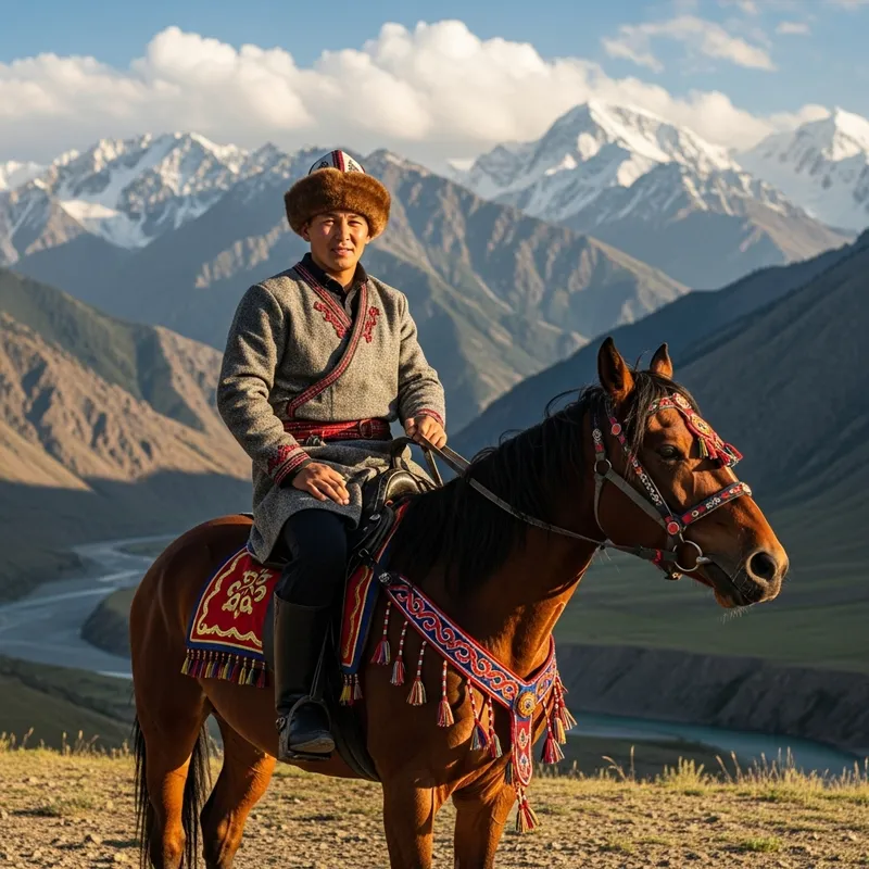 Asian Husband on Horse in Kazakh Mountains