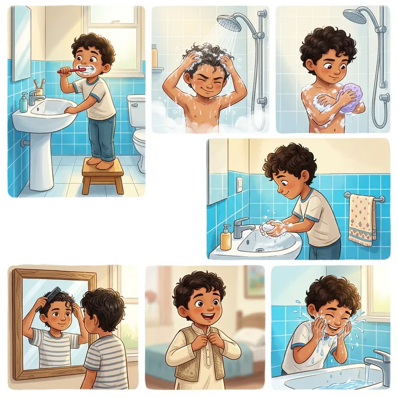 Illustrations of Boy's Daily Hygiene Routine - Middle Eastern Beauty Care