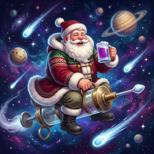 Jovial White-Bearded Man Soaring Through Space with Hypodermic Syringe