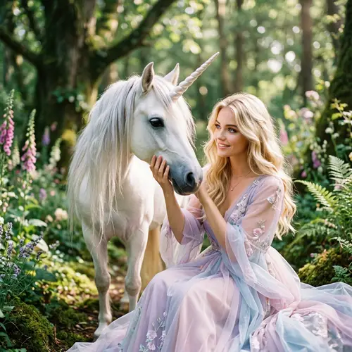 Whimsical Fantasy with Unicorn and Model