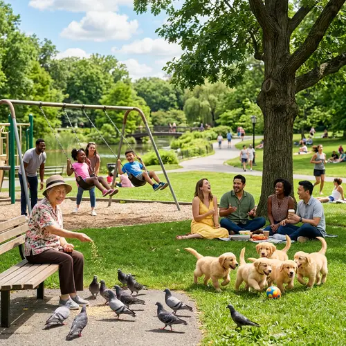 Sunny Day Park Scene with Diverse Activities and Joyful Atmosphere