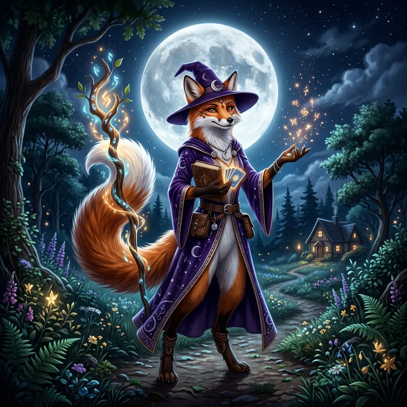 Tall Bipedal Orange & White Fox Magician Delphox with Full Moon Tall Bipedal Orange & White Fox Magician Delphox with Full Moon