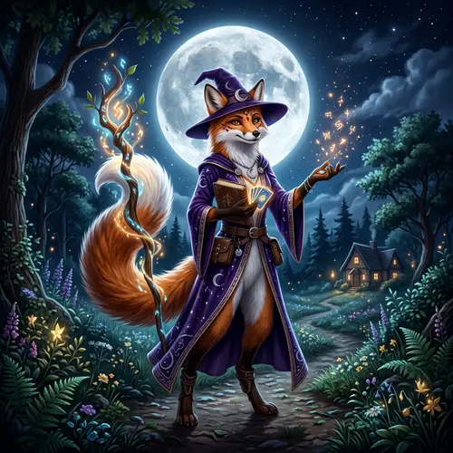 Orange and White Magician Fox Delphox Standing with Full Moon Background