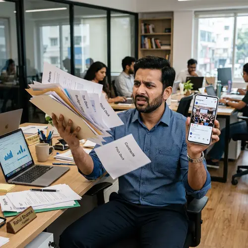 Confused South Asian Entrepreneur Juggling Business Documents & Smartphone | Website