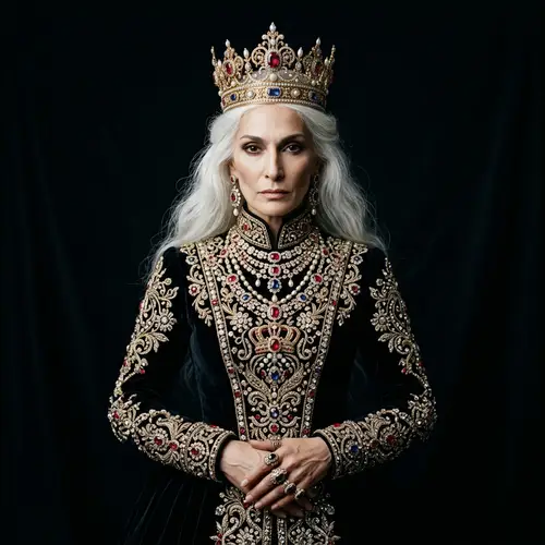 Opulent Crowned Figure in Jewel-Encrusted Outfit | Website