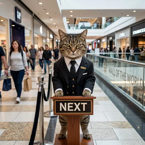 Professional Cat Standing Vigilantly at Shopping Center with 'Next' Sign