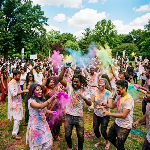 Vibrant Holi Celebration in Park with Diverse Participants