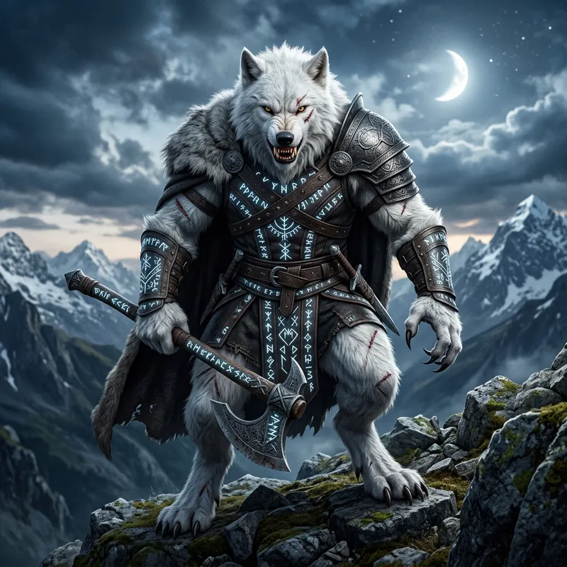 Mighty White Werewolf Warrior with Glowing Runes Mighty White Werewolf Warrior with Glowing Runes
