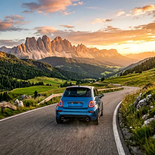Blue Fiat 500 Sports Car Back View in Majestic Natural Landscape