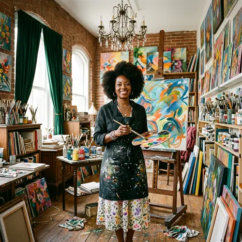Black Woman Artistically Glamorous in Art Studio