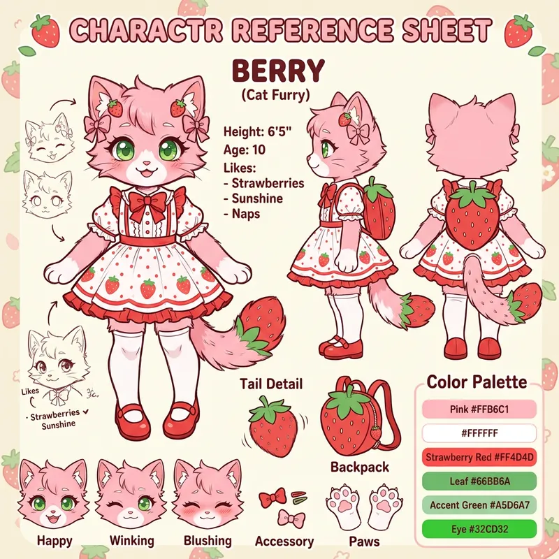 Cute Strawberry Kitty Character Reference Sheet