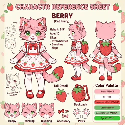 Cute Strawberry Kitty Character Reference Sheet