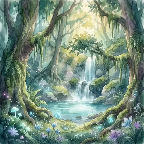 Mystical Forest with Hidden Waterfall | Dreamy Watercolor Art