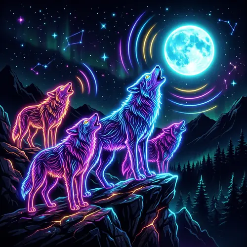 Neon Wolves Howling - Vibrant Art