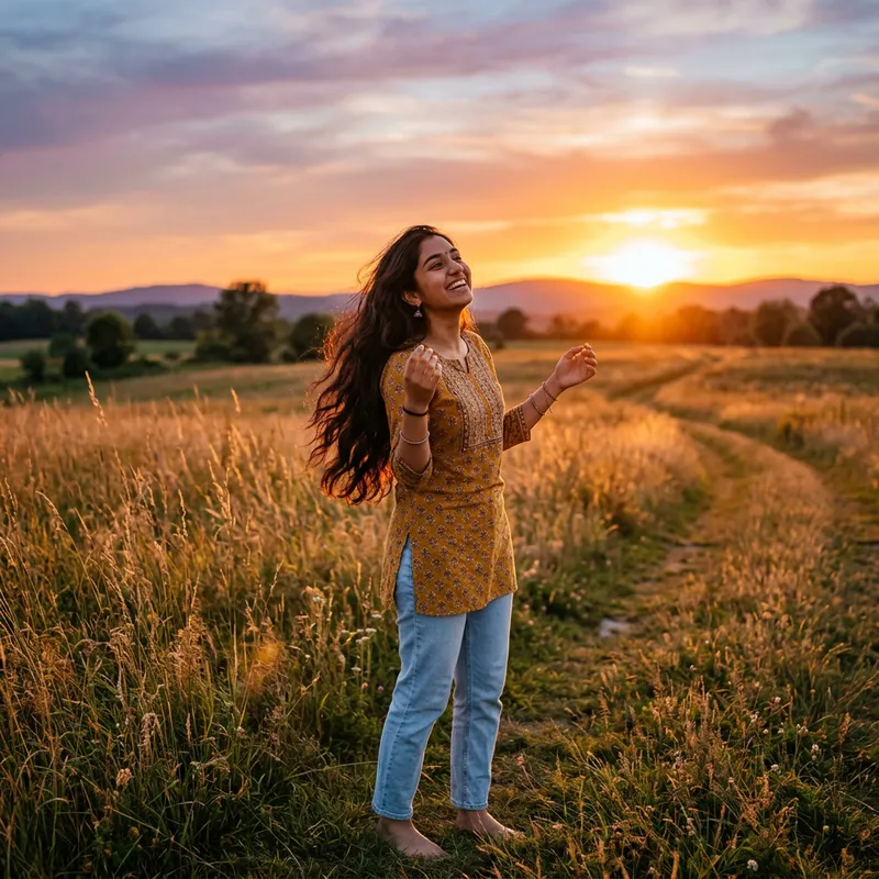Serene South Asian Girl Enjoying Sunset in Open Field Serene South Asian Girl Enjoying Sunset in Open Field
