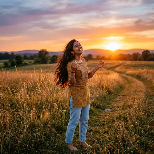 South Asian Girl with Long Hair Enjoying Sunset