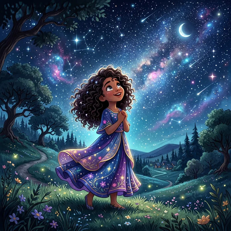 Disney-Style Girl Under Sparkling Starry Night Sky