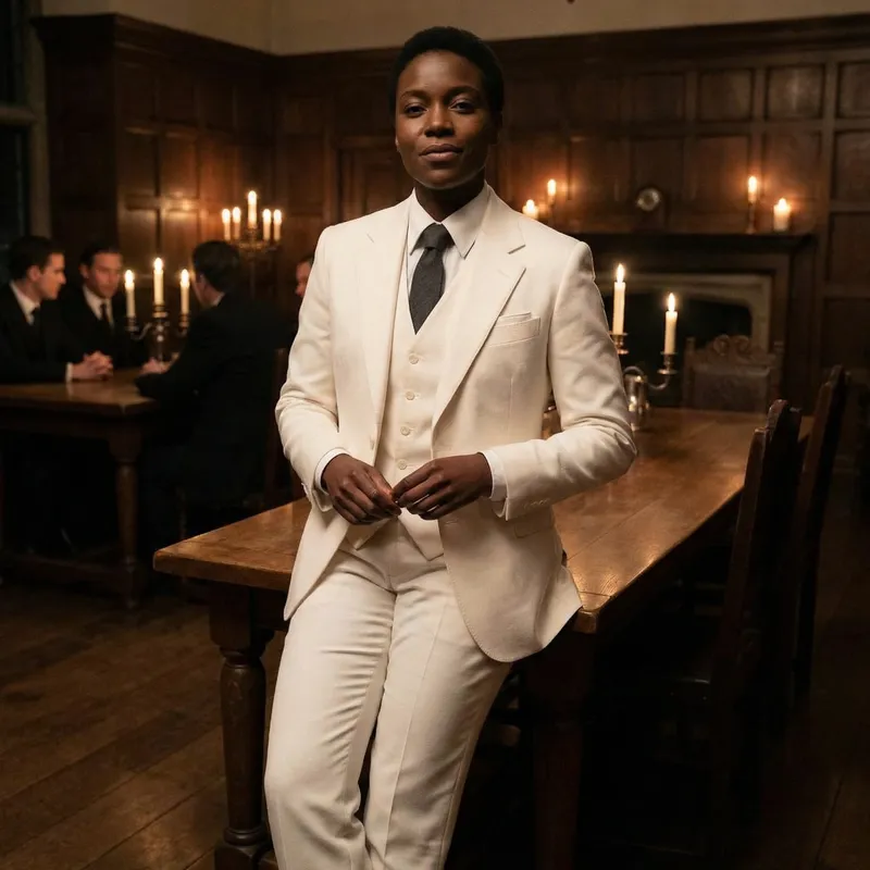 Elegant Dark-Skinned Individual in a White Suit