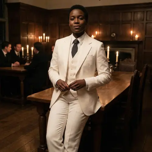 Elegant Dark-Skinned Individual in a White Suit
