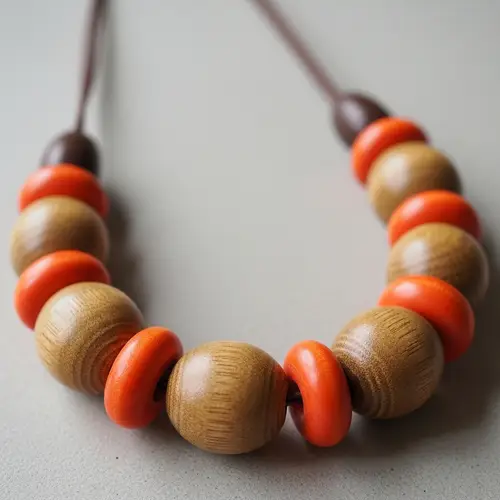 Wooden Oval Bead Casual Necklace with Orange Donut Beads