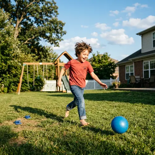 Joyful 7-Year-Old Caucasian Boy Playing Outside - Classic Suburban Scene
