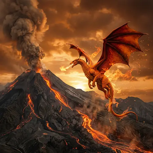 Charizard Soaring Over Flames in Volcanic Landscape | Mythical Dragon