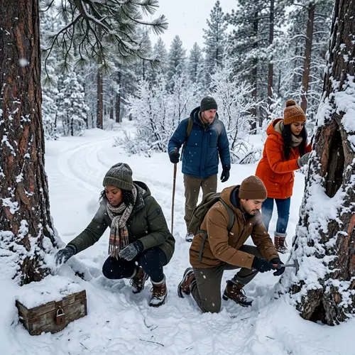 Winter Quest Game Scene with Diverse Group Searching for Keys