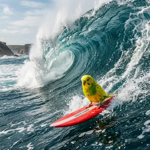 Yellow Parakeet Surfing on Red Surfboard Against Giant Wave