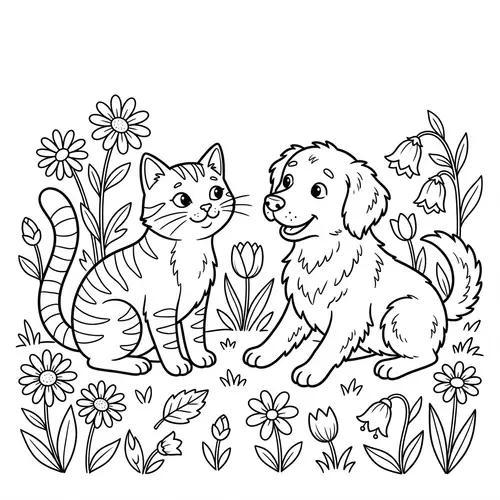 Cartoon Style Line Art Image of Cat and Dog with Flowers