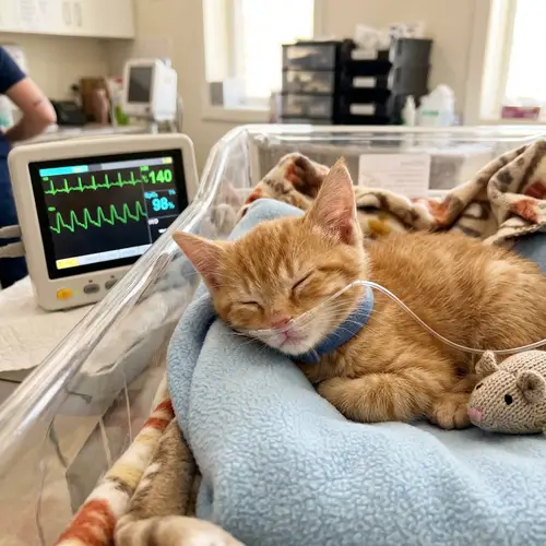 Orange Kitty in Hospital Bed with Heart Monitor