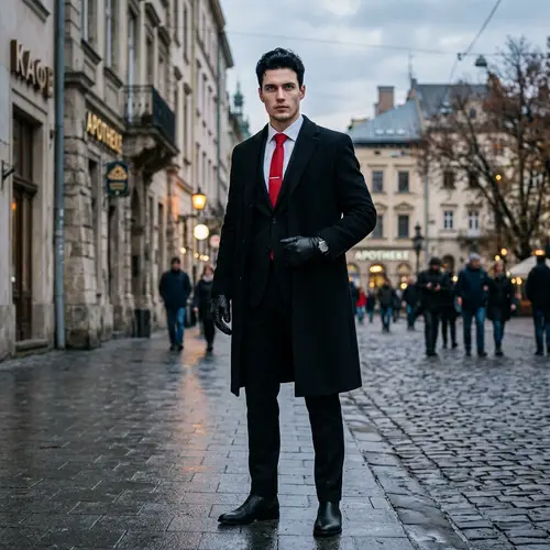 Elegant Young Man in Black Suit and Red Tie