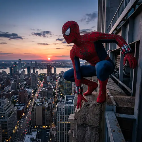 Epic Spider-Man Action: Superhero on a Dusk Rooftop
