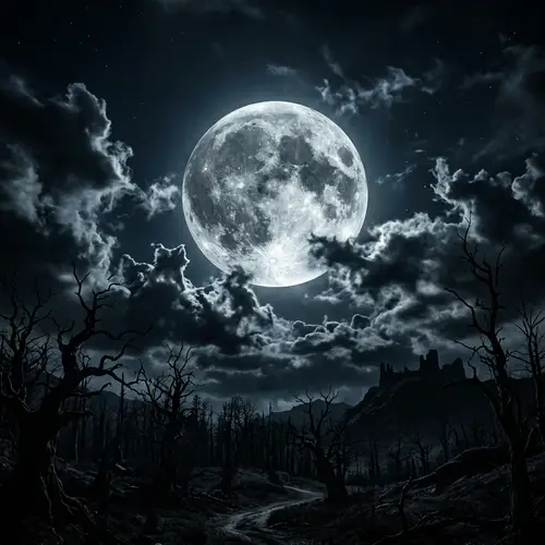 Eerie Full Moon Casting Creepy Shadows in Nighttime Sky