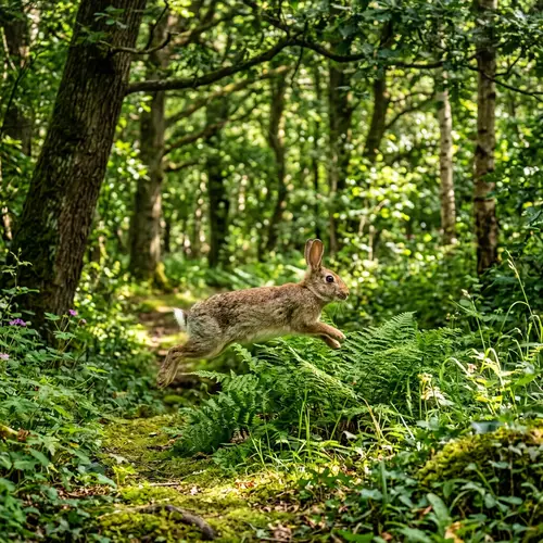 Joyful Rabbit Hopping in Dense Forest Setting