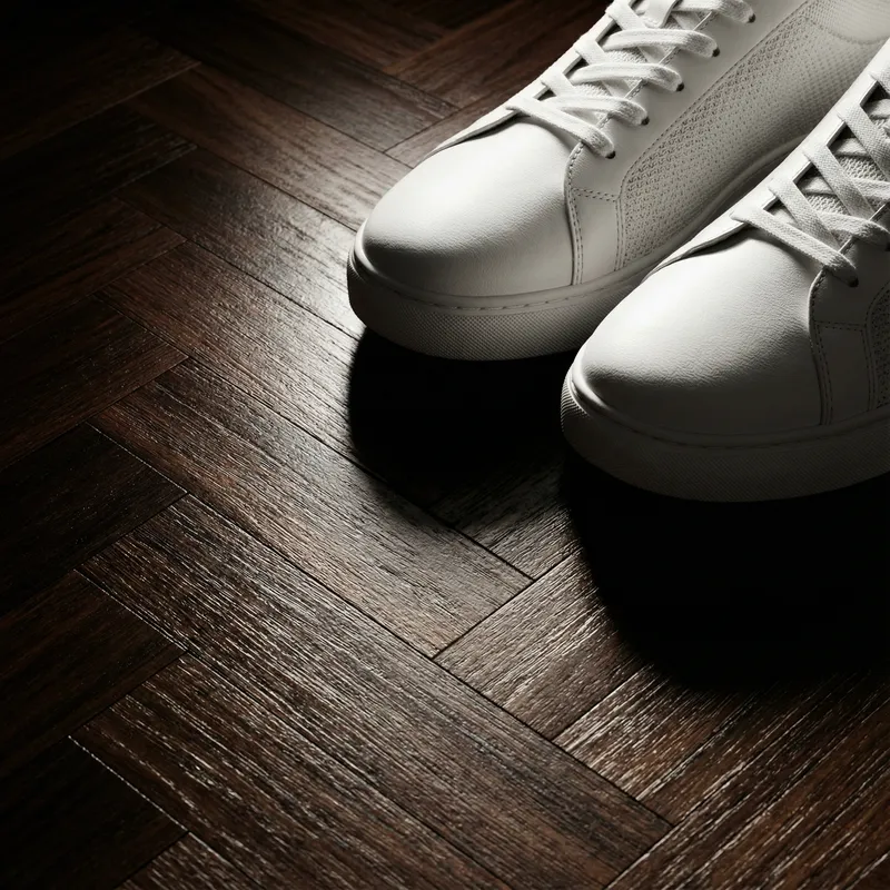 Elegant Nike Sneakers on Sleek Parquet Floor | Artistic Still Life Photography Elegant Nike Sneakers on Sleek Parquet Floor | Artistic Still Life Photography